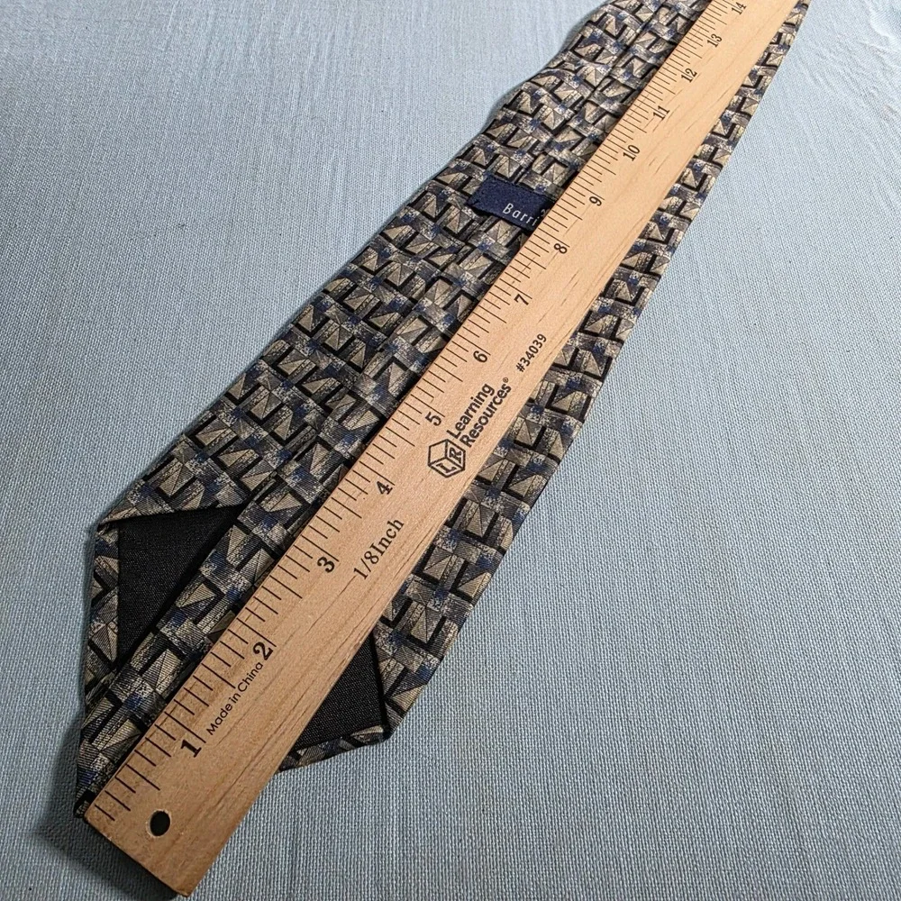 Barrington Mens Geometric Silk Blend Tie Blue Gold Tan Patterned Necktie